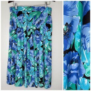 PRICE FIRM Vintage 80s Ilyza Blue Green Tropical Floral A Line Skirt | Size L/XL